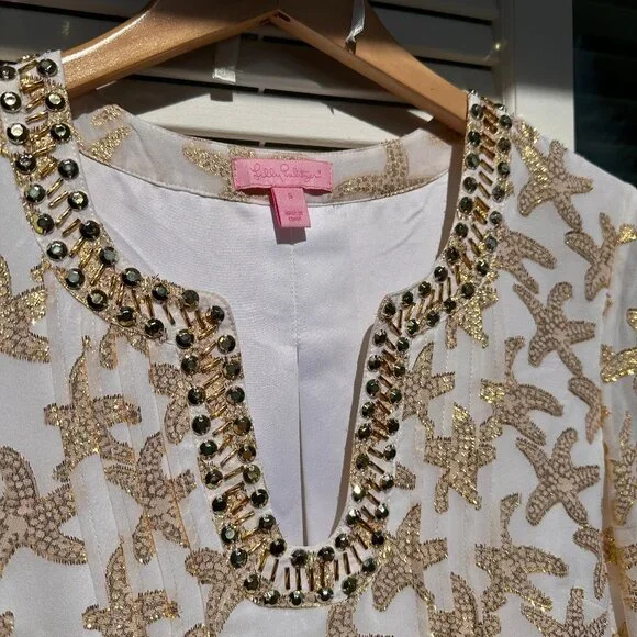 Lilly Pulitzer Colby Silk Tunic Dress White Gold Starfish
